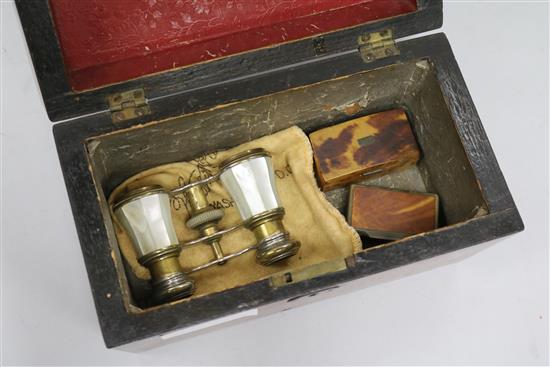 A rosewood caddy, a Brussels fan, opera glasses and tortoiseshell snuff boxes